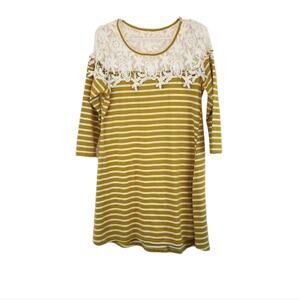 Umgee Mustard Yellow & White Striped Crew Neck Lace Design 3/4 Sleeve Dress SM